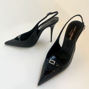 Saint Laurent Luna black rhinstone buckle patent slingback heels 38.5 MINT w box